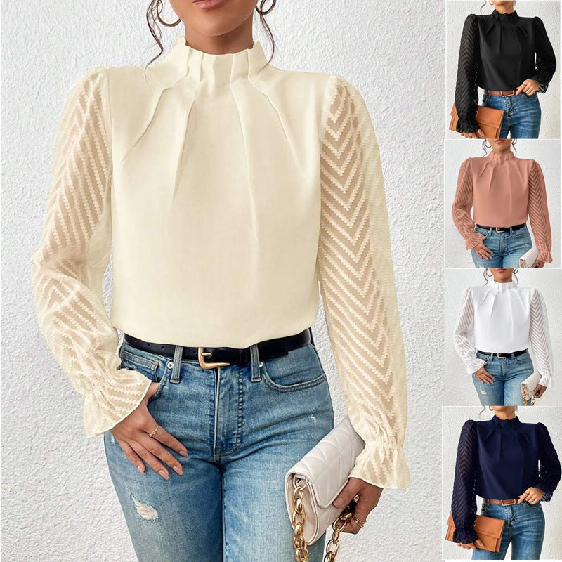 Women’s Long Sleeve Blouse – High Neck Pleated Top