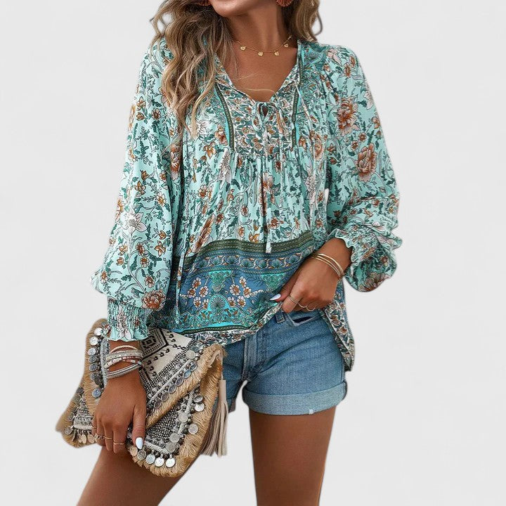 Women’s V-Neck Tie Front Blouse – Long Sleeve Relaxed Fit Top