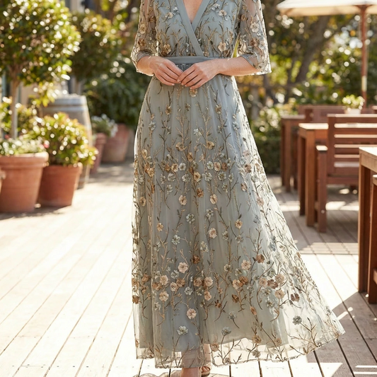 Elarisse | Women’s Embroidered Mesh Wrap Maxi Dress