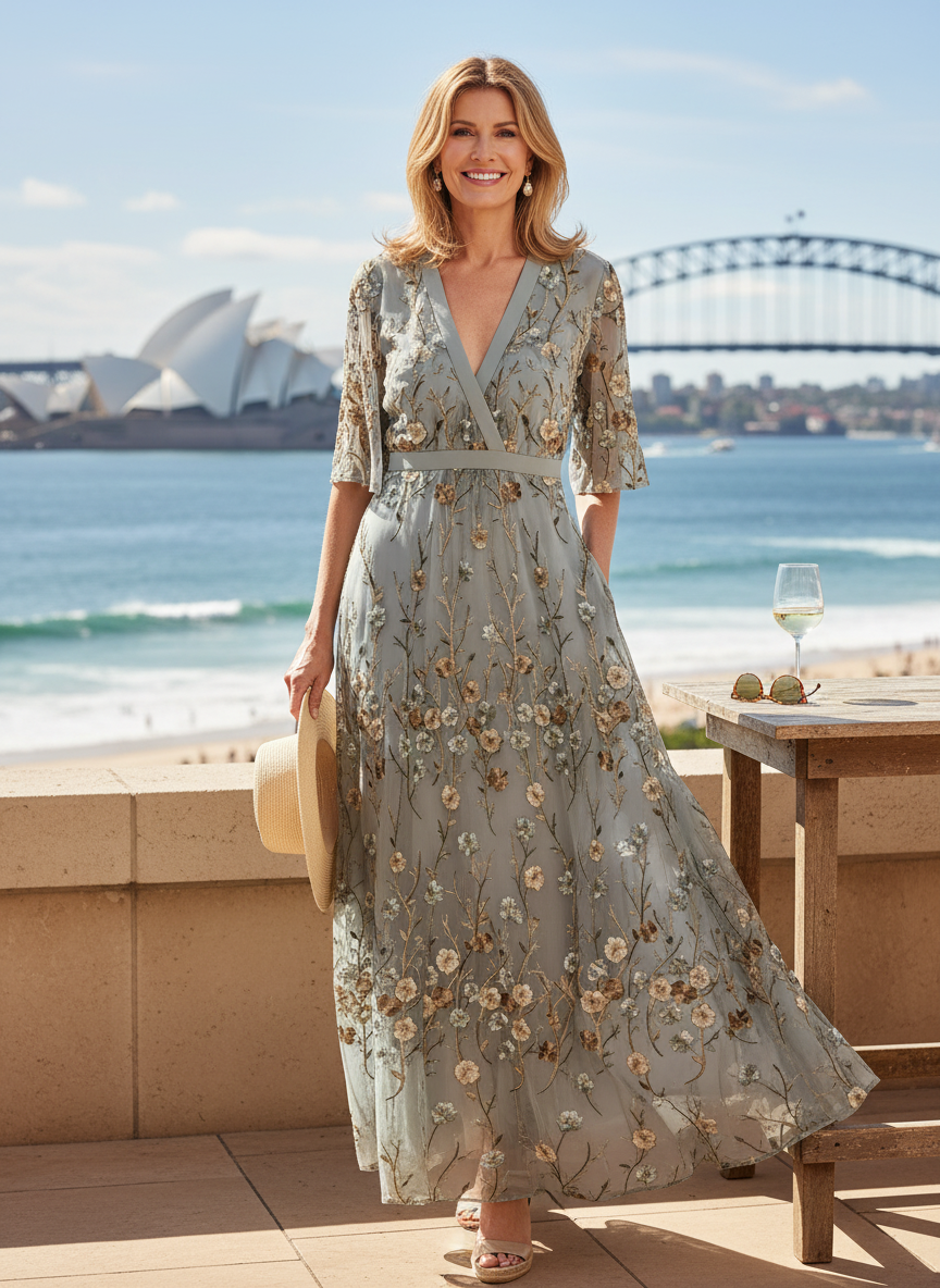 Elarisse | Women’s Embroidered Mesh Wrap Maxi Dress
