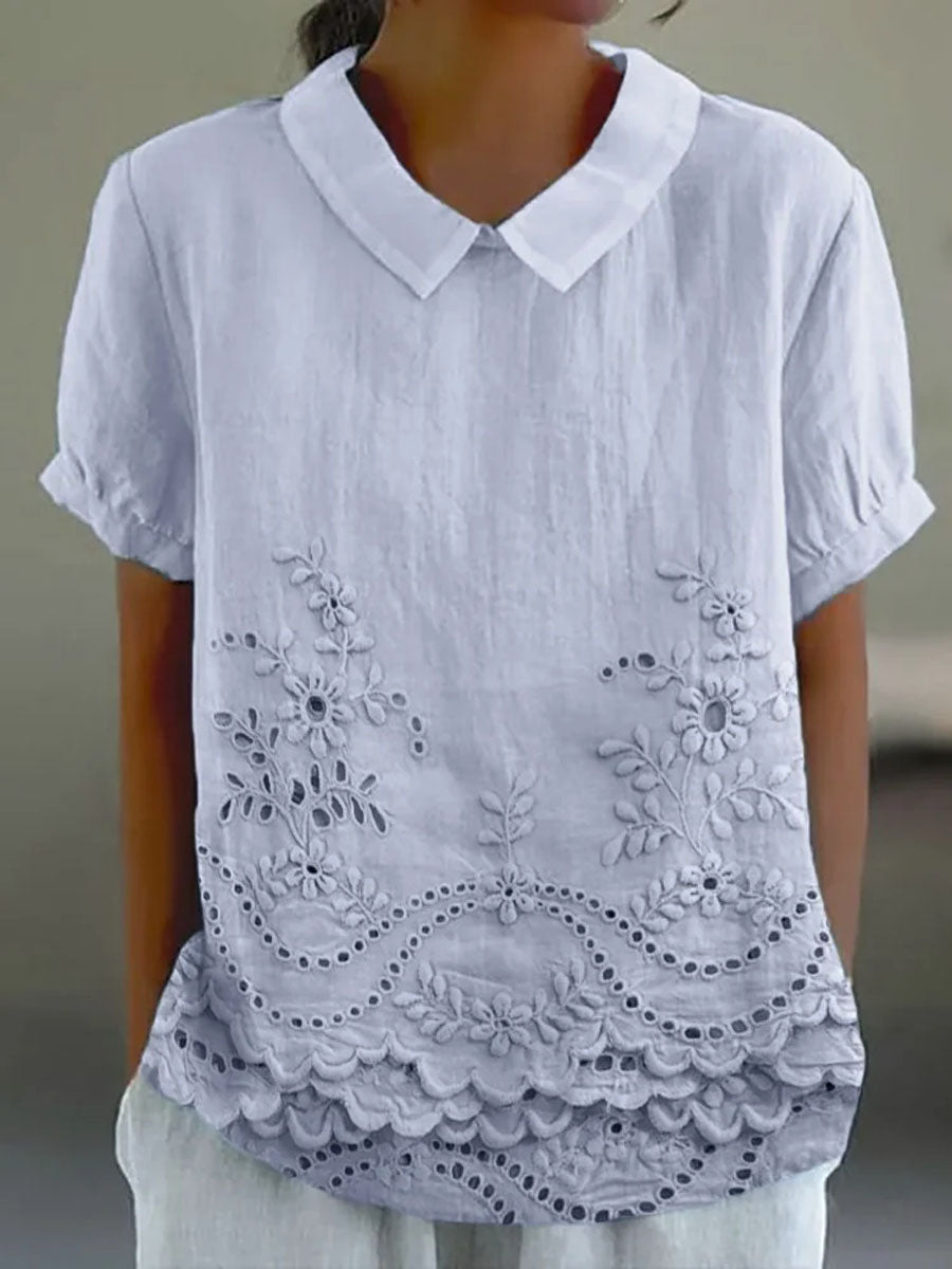 Women’s Embroidered Blouse – Short Sleeve Collared Top