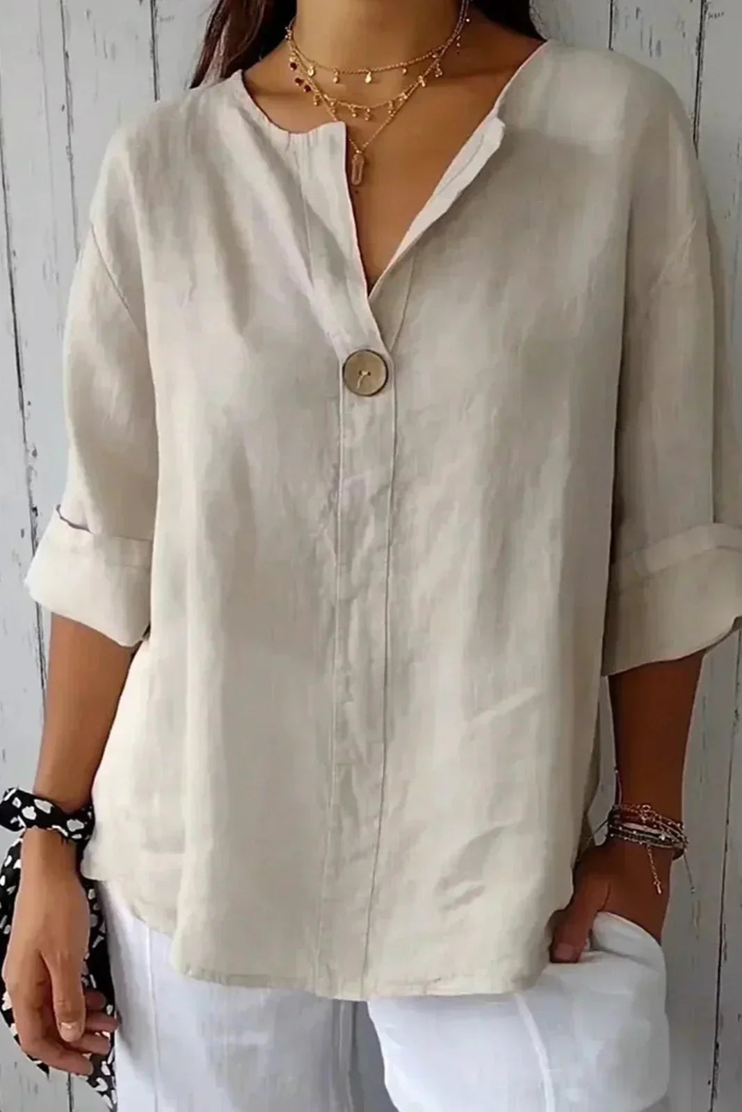 Norevya | Women’s Relaxed Button-Front V-Neck Blouse