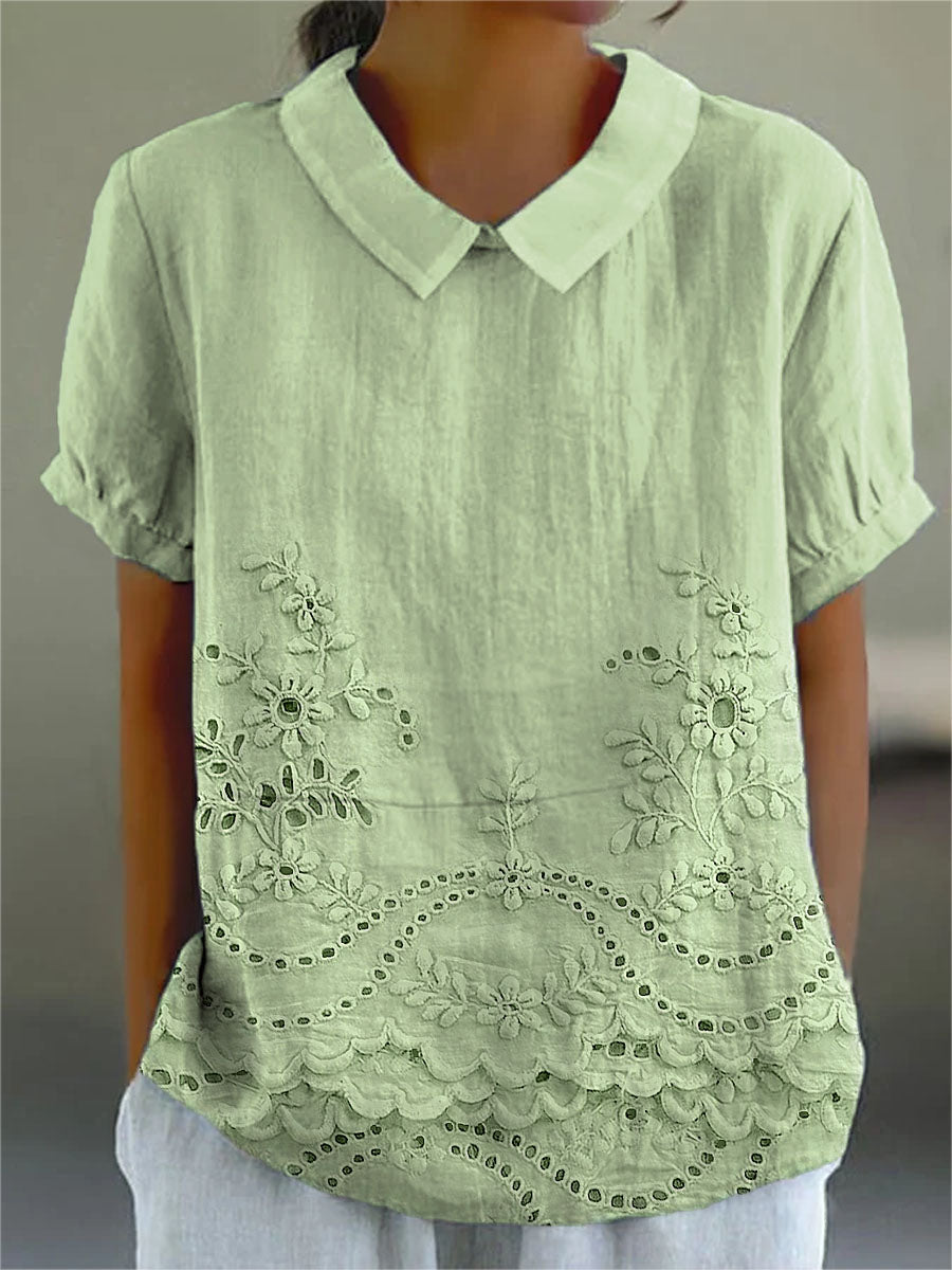 Women’s Embroidered Blouse – Short Sleeve Collared Top