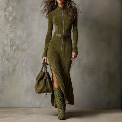 Western Style Maxi Dress – Long Sleeve Zip Front Dress for Women