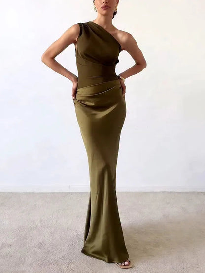 Elegant One Shoulder Pleated Party Maxi Dress – Sophisticated Evening Style