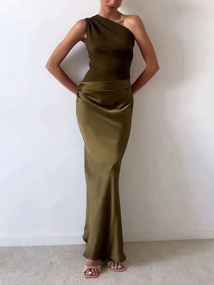 Elegant One Shoulder Pleated Party Maxi Dress – Sophisticated Evening Style