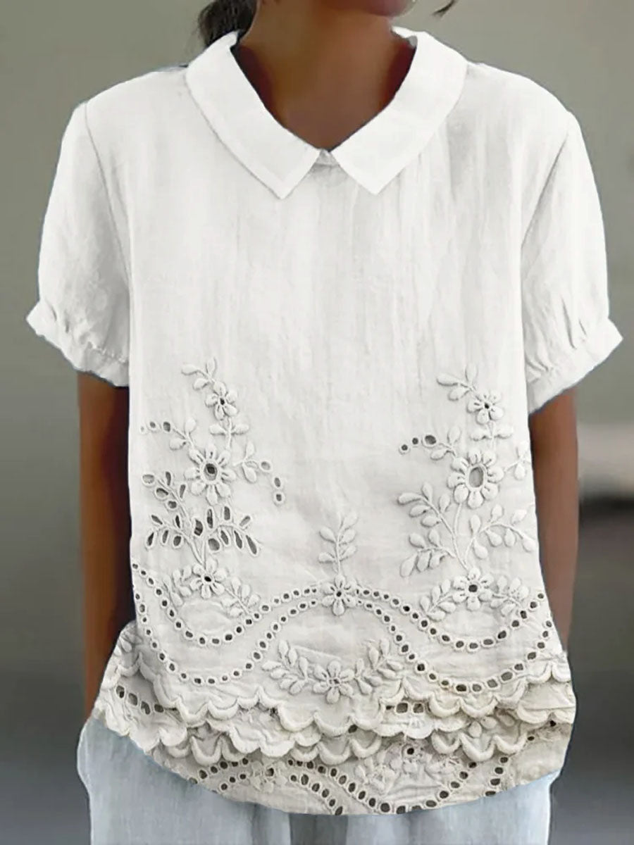 Women’s Embroidered Blouse – Short Sleeve Collared Top