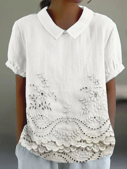 Women’s Embroidered Blouse – Short Sleeve Collared Top