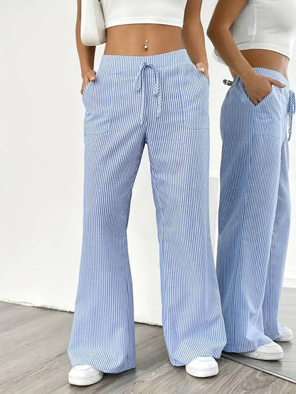 Ribbed Wide Leg Pants – Drawstring Casual Pants for Women