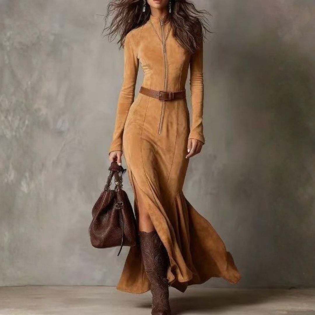 Western Style Maxi Dress – Long Sleeve Zip Front Dress for Women