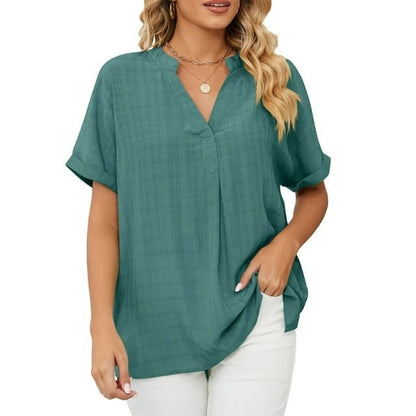 Women’s Short Sleeve Blouse – V-Neck Relaxed Fit Top