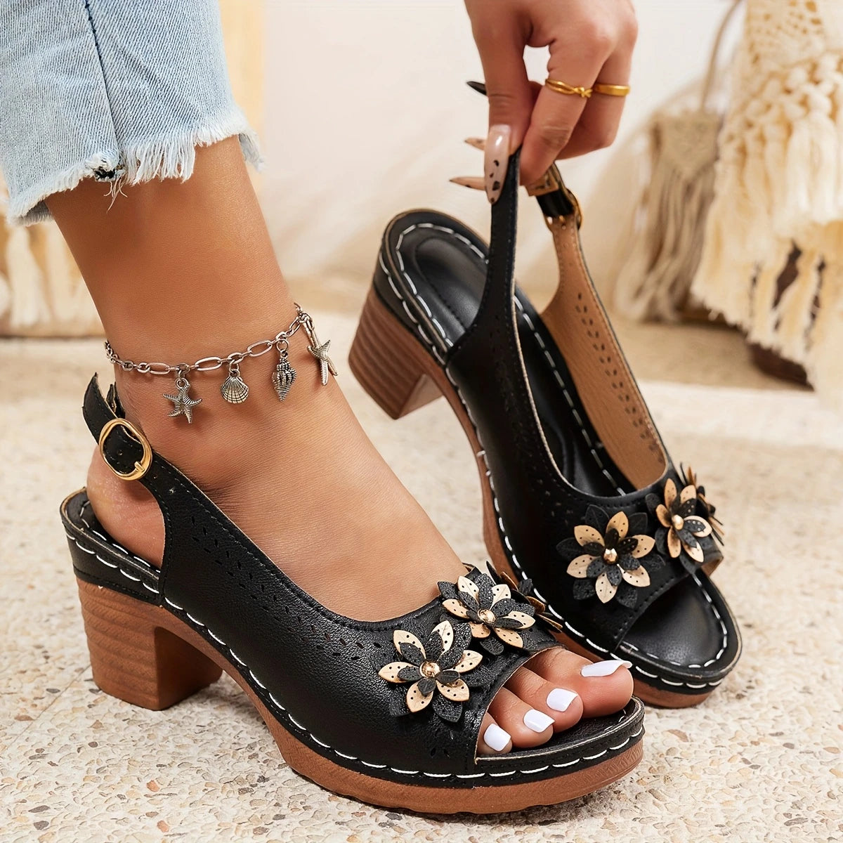 Morgan | Summer Slingback Heeled Sandals with Floral Detail