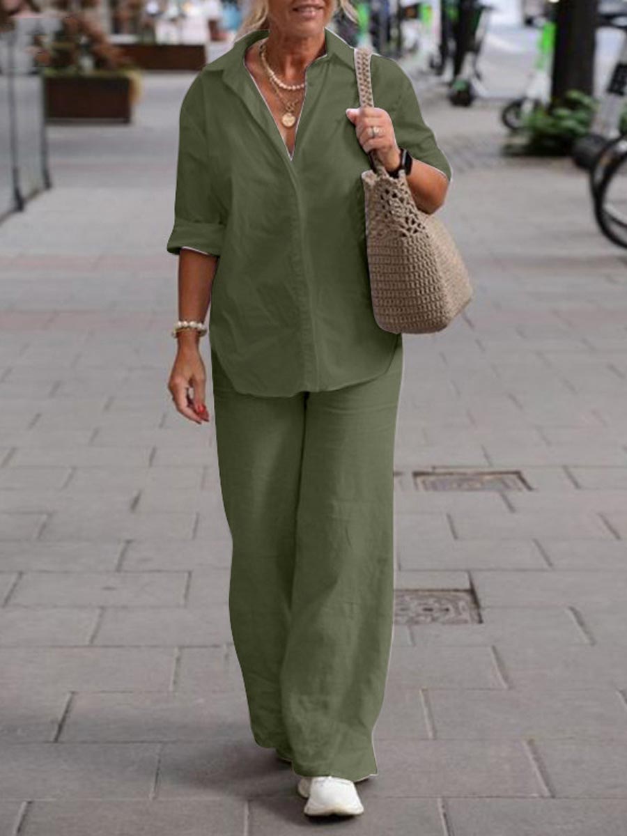 Women 2 Piece Summer Set – Relaxed Shirt and Wide Leg Pants
