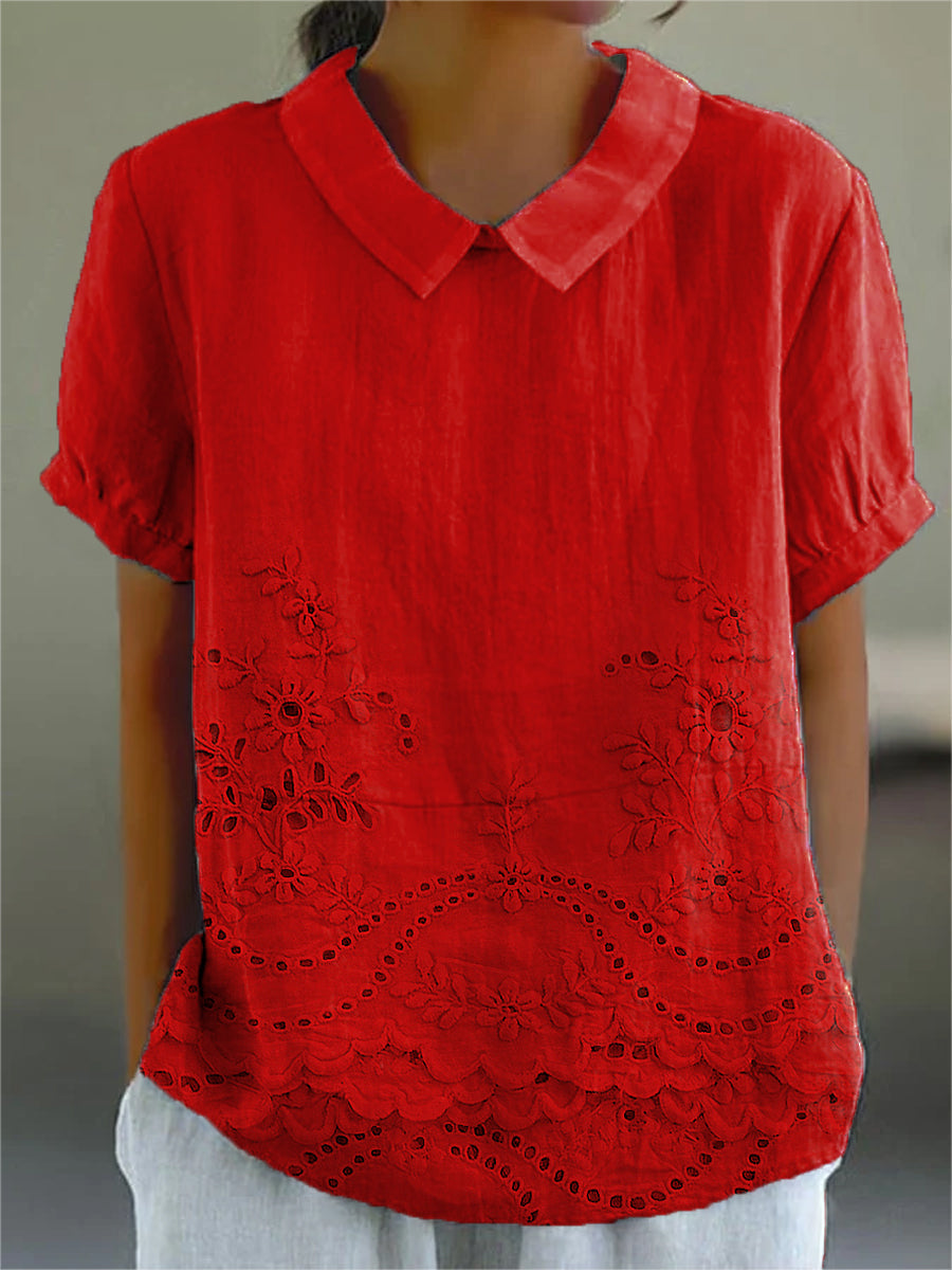 Women’s Embroidered Blouse – Short Sleeve Collared Top