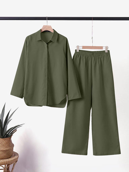 Women 2 Piece Summer Set – Relaxed Shirt and Wide Leg Pants