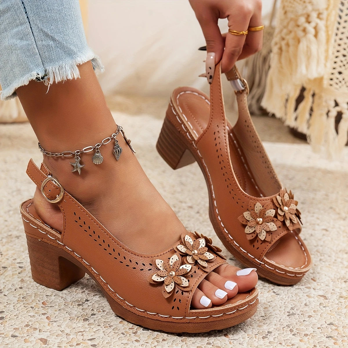 Morgan | Summer Slingback Heeled Sandals with Floral Detail