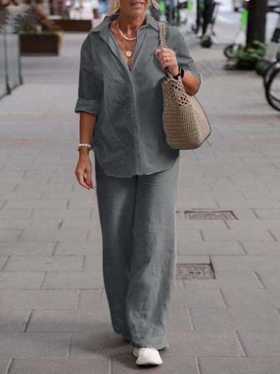 Women 2 Piece Summer Set – Relaxed Shirt and Wide Leg Pants