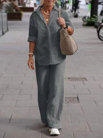 Women 2 Piece Summer Set – Relaxed Shirt and Wide Leg Pants