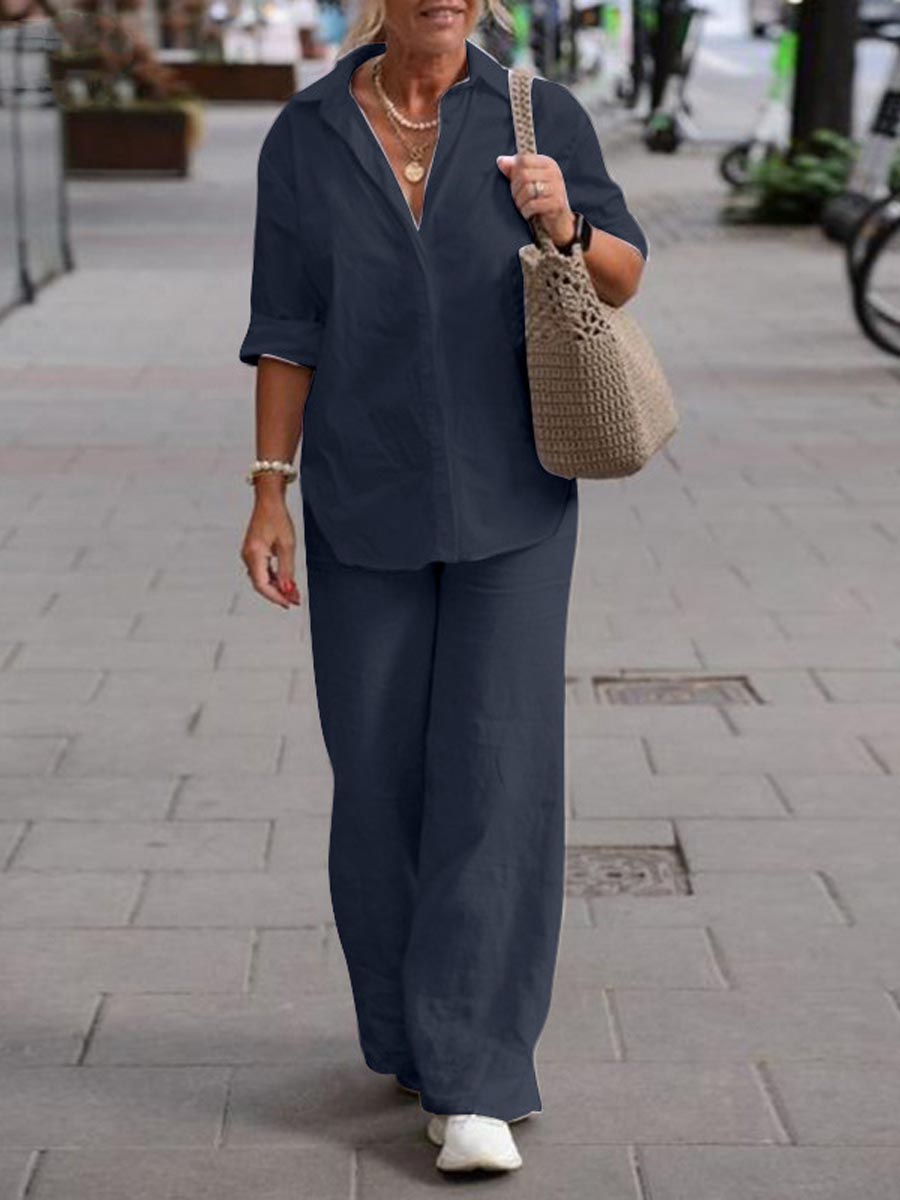 Women 2 Piece Summer Set – Relaxed Shirt and Wide Leg Pants