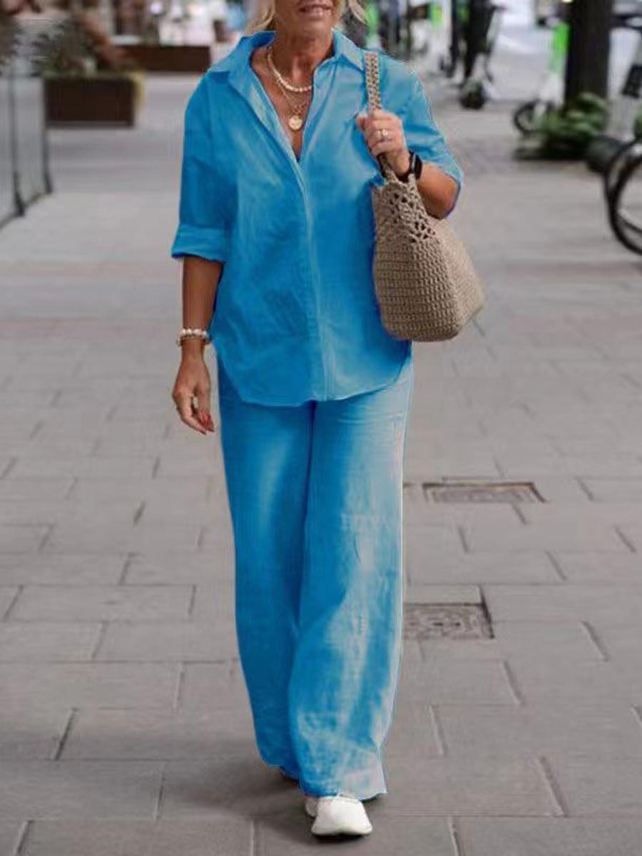 Women 2 Piece Summer Set – Relaxed Shirt and Wide Leg Pants