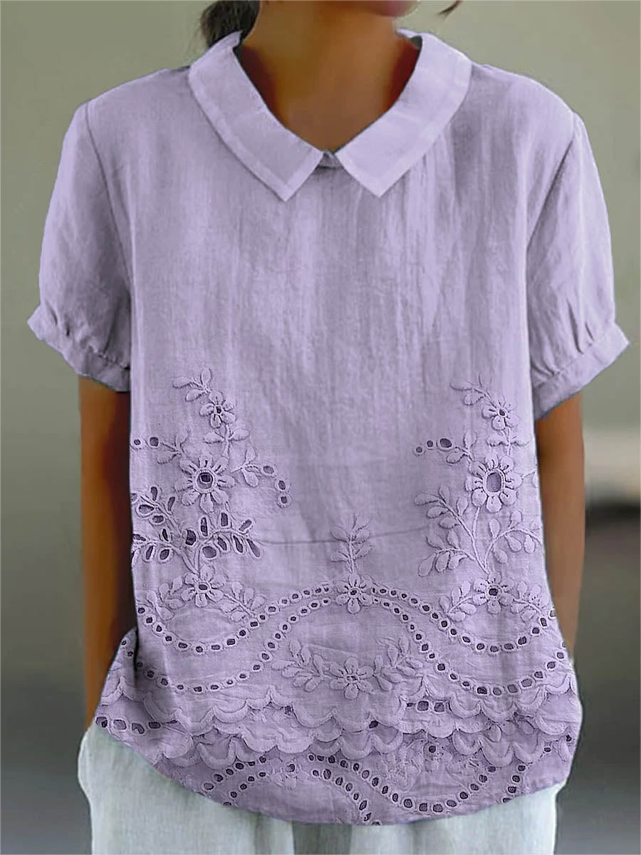 Women’s Embroidered Blouse – Short Sleeve Collared Top