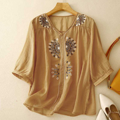 Ismeria | Women’s Embroidered V-Neck Relaxed Blouse