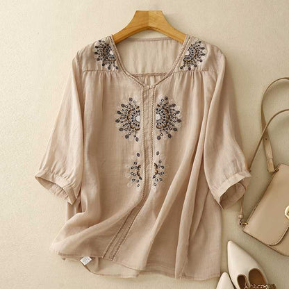 Ismeria | Women’s Embroidered V-Neck Relaxed Blouse