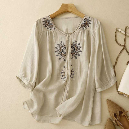 Ismeria | Women’s Embroidered V-Neck Relaxed Blouse