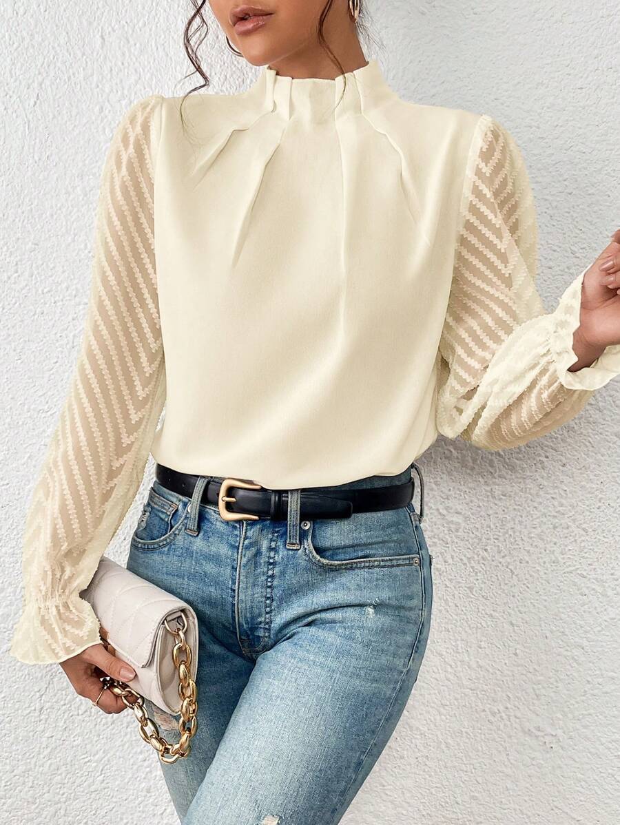 Women’s Long Sleeve Blouse – High Neck Pleated Top