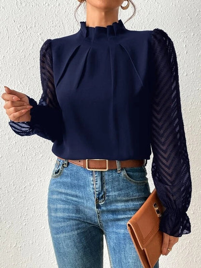 Women’s Long Sleeve Blouse – High Neck Pleated Top