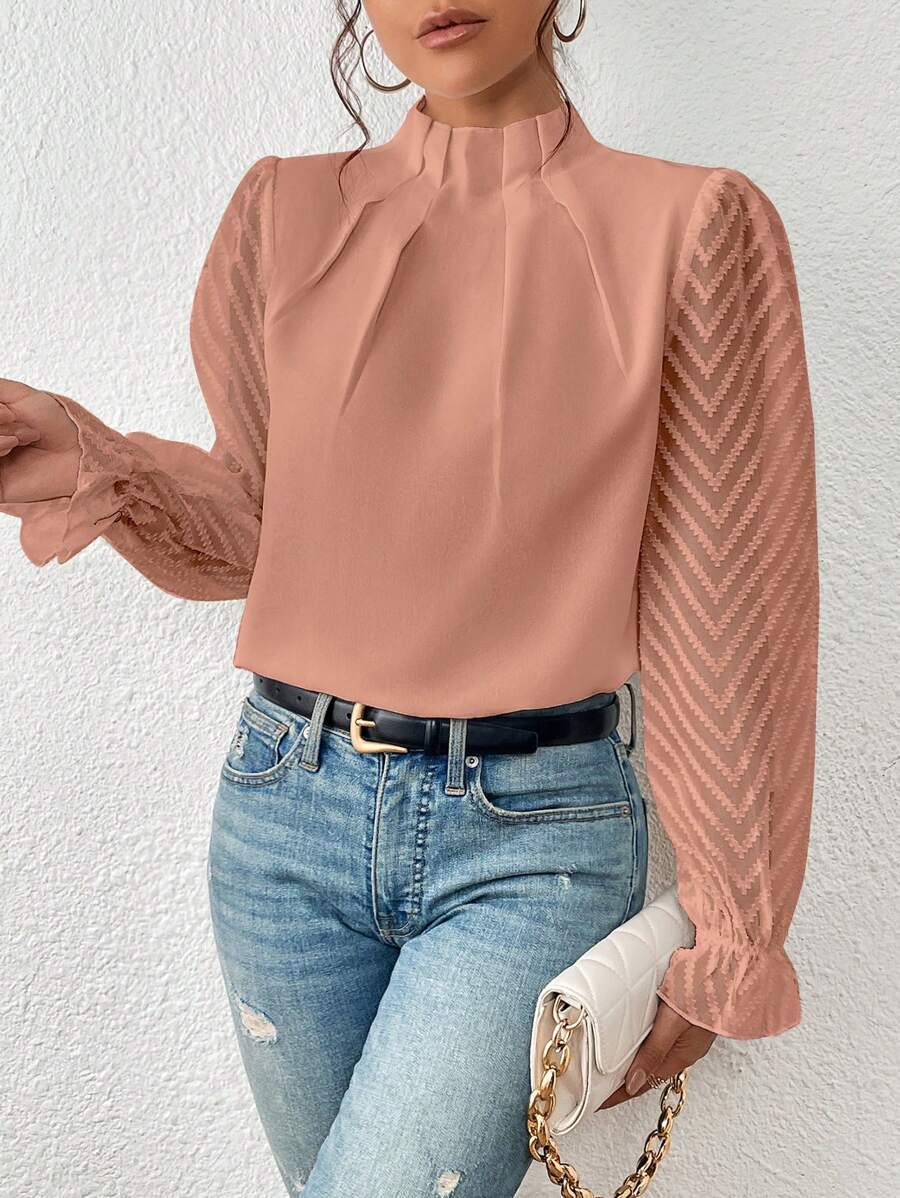 Women’s Long Sleeve Blouse – High Neck Pleated Top