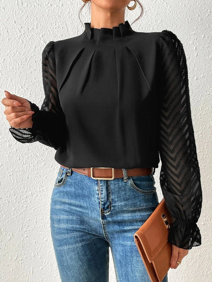 Women’s Long Sleeve Blouse – High Neck Pleated Top