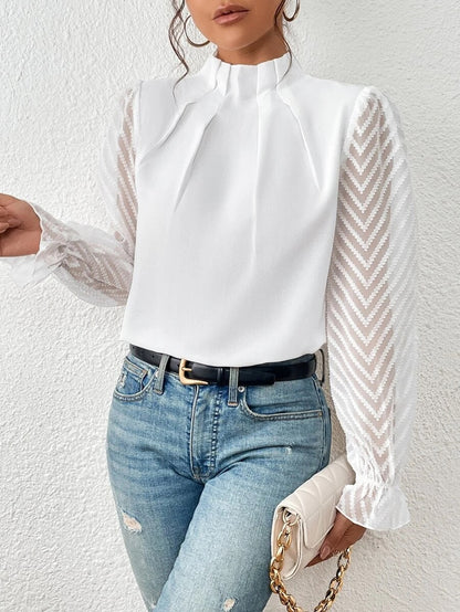 Women’s Long Sleeve Blouse – High Neck Pleated Top
