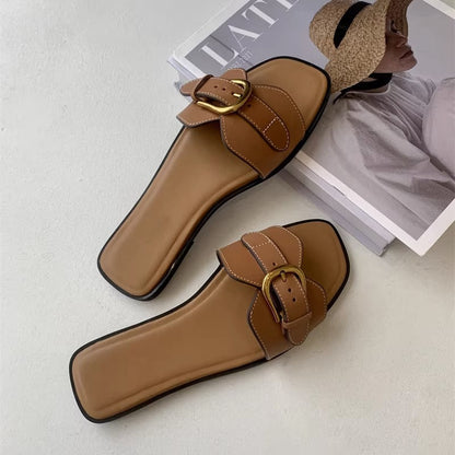Buckle Strap Flat Sandals – Casual Summer Slides for Women