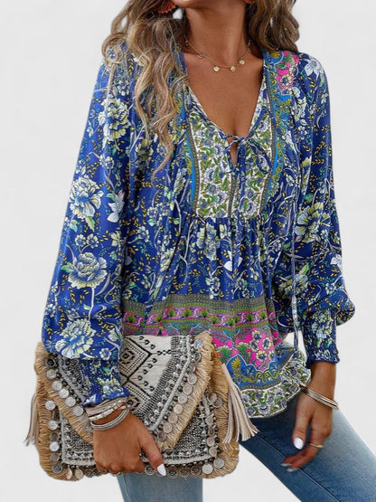 Women’s V-Neck Tie Front Blouse – Long Sleeve Relaxed Fit Top