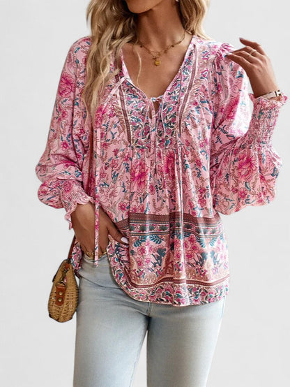 Women’s V-Neck Tie Front Blouse – Long Sleeve Relaxed Fit Top