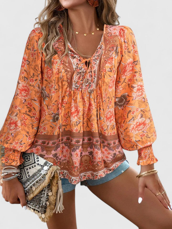 Women’s V-Neck Tie Front Blouse – Long Sleeve Relaxed Fit Top