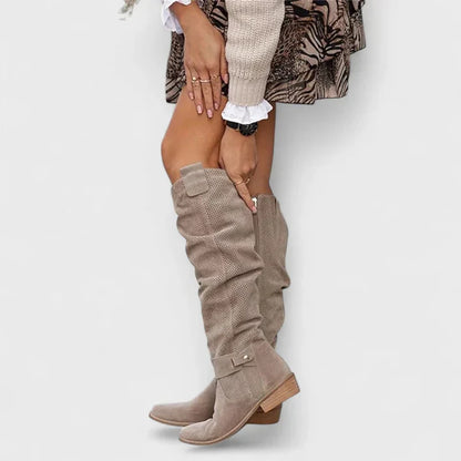 Women’s Knee-High Boots – Perforated Upper with Slouch Design