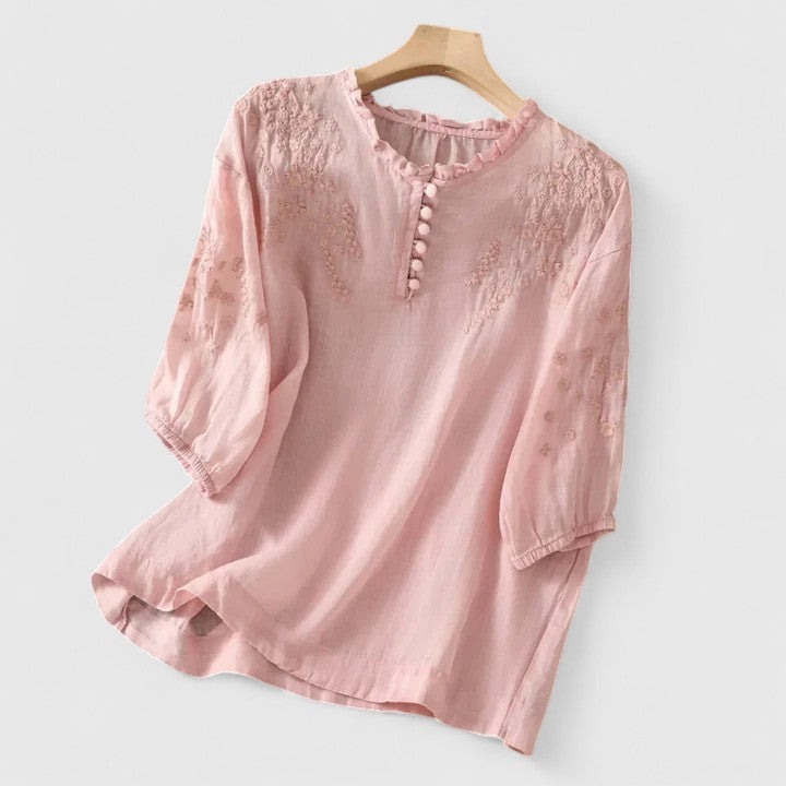 Avelyne | Embroidered Split Neck Blouse