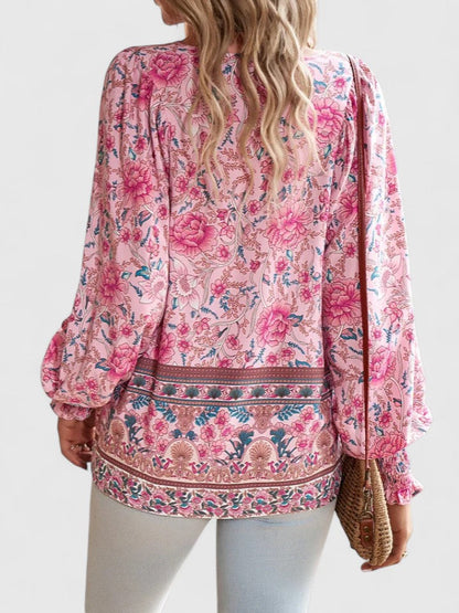 Women’s V-Neck Tie Front Blouse – Long Sleeve Relaxed Fit Top