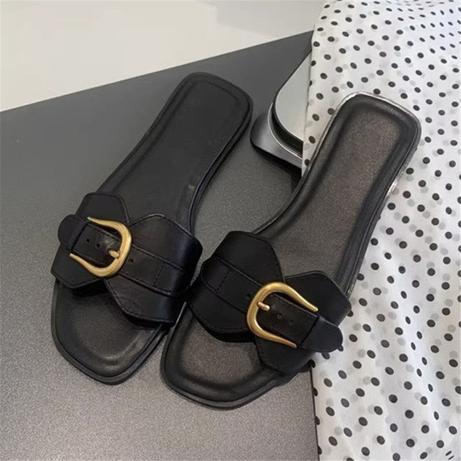 Buckle Strap Flat Sandals – Casual Summer Slides for Women