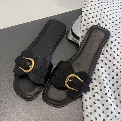 Buckle Strap Flat Sandals – Casual Summer Slides for Women