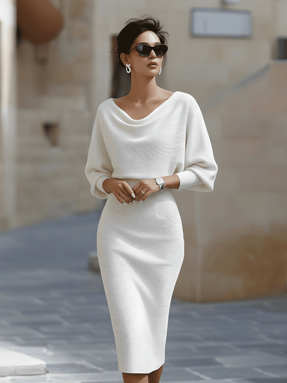 Karen | Women’s Draped Neck Midi Dress with Batwing Sleeves