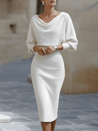 Karen | Women’s Draped Neck Midi Dress with Batwing Sleeves