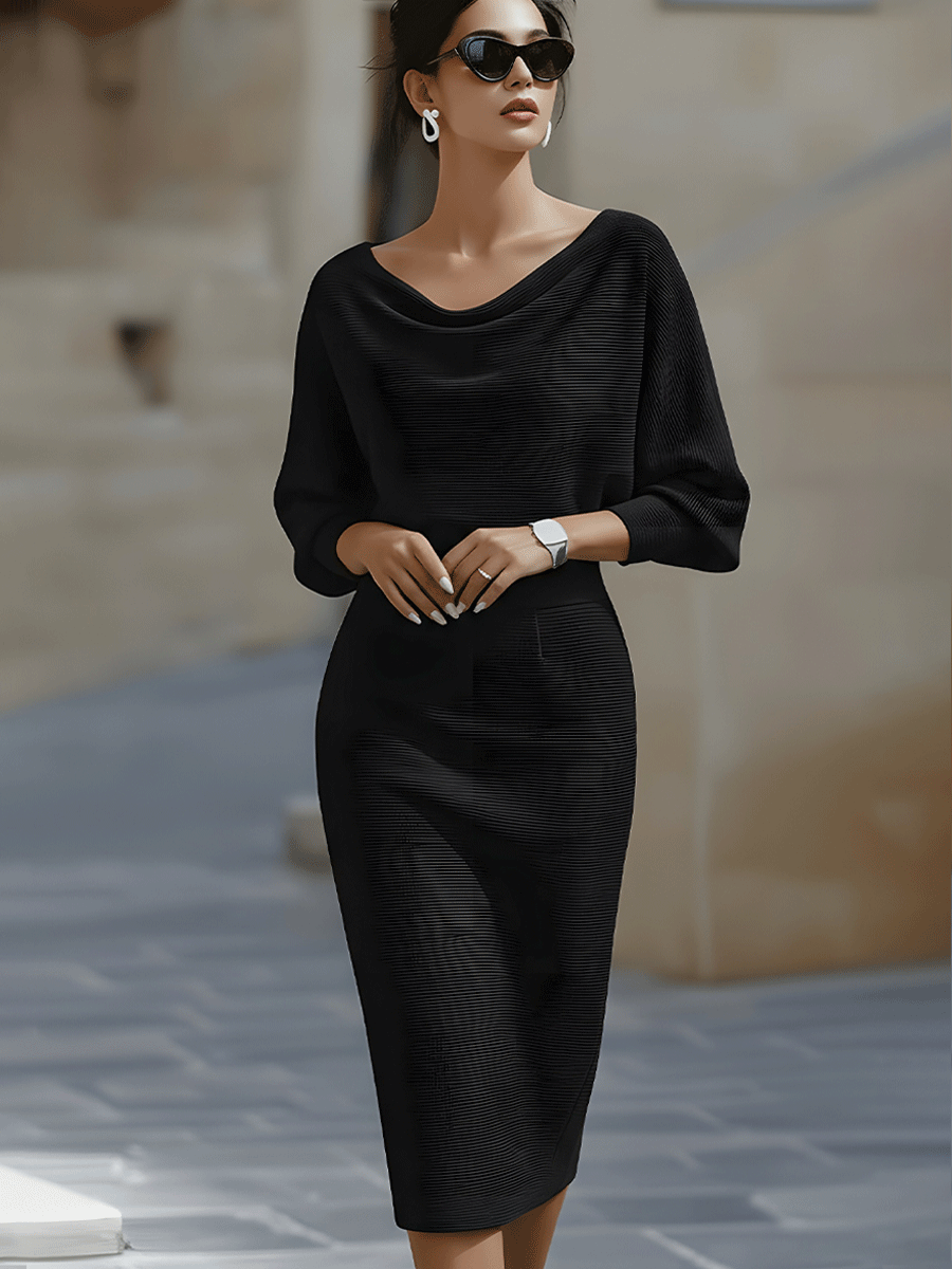 Karen | Women’s Draped Neck Midi Dress with Batwing Sleeves