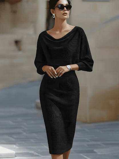Karen | Women’s Draped Neck Midi Dress with Batwing Sleeves