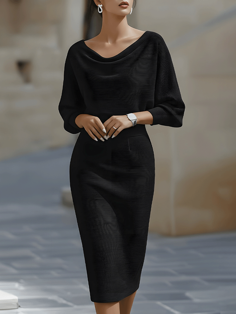 Karen | Women’s Draped Neck Midi Dress with Batwing Sleeves