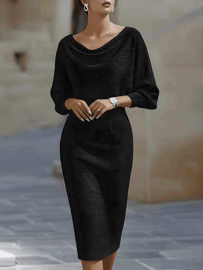 Karen | Women’s Draped Neck Midi Dress with Batwing Sleeves