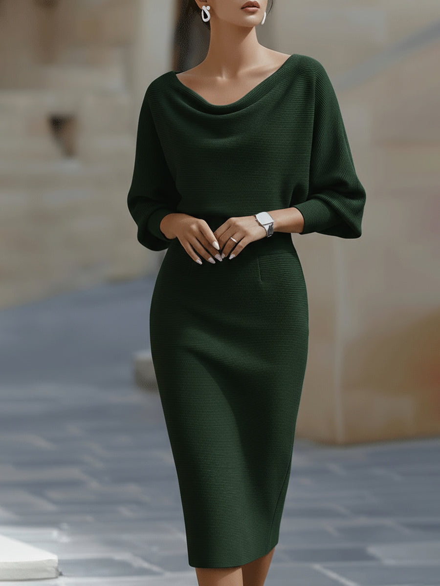 Karen | Women’s Draped Neck Midi Dress with Batwing Sleeves