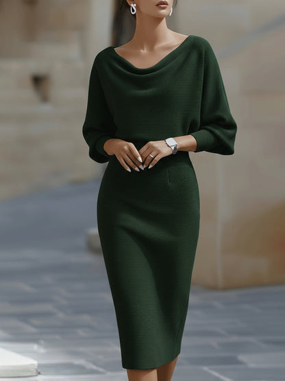 Karen | Women’s Draped Neck Midi Dress with Batwing Sleeves